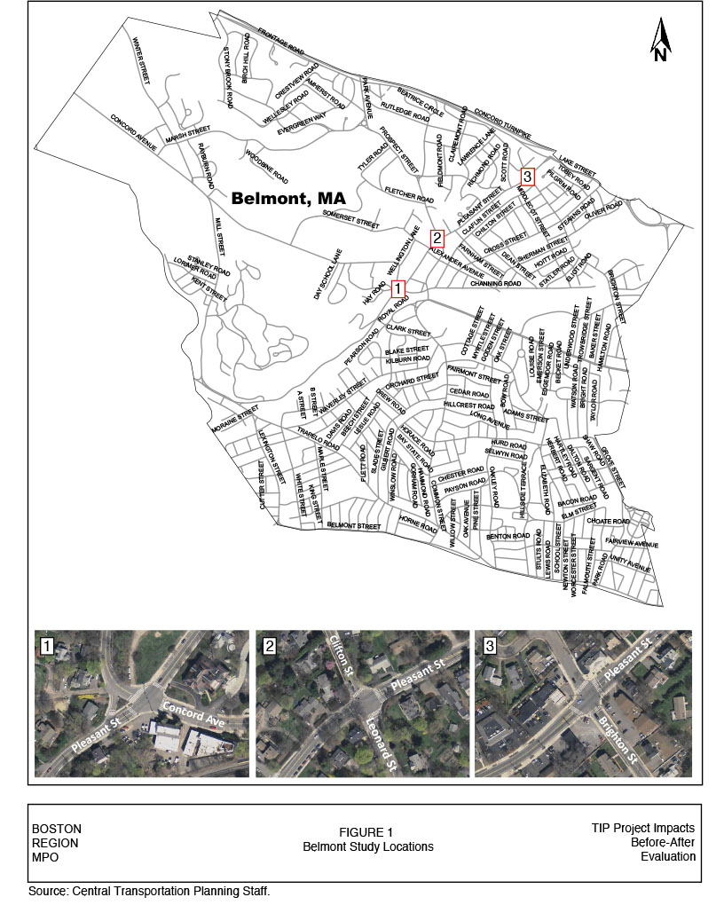 FIGURE 1. Belmont Study Locations
Figure 1 is a GIS map of the Town of Belmont and includes inserts for three aerial images. The three aerial images illustrate the Belmont study intersections (Pleasant Street at Concord Avenue; Pleasant Street at Clifton/Leonard Street; and Pleasant Street at Brighton Street).